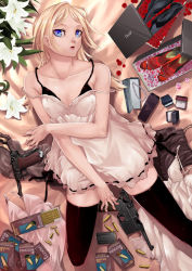 Rule 34 | 1girl, bare shoulders, bed, bed sheet, black thighhighs, blonde hair, blue eyes, breasts, bullet, camisole, cartridge, unworn clothes, collarbone, covered erect nipples, dior, dress, flower, from above, gem, gun, hamada youho, handgun, high heels, hyung tai kim, indoors, jewelry, lipstick, long hair, looking at viewer, luger p08, lying, magazine (weapon), makeup, mauser c96, nail polish, on back, on bed, open mouth, original, parted bangs, pearl (gemstone), product placement, ring, shoes, shopping, short dress, short hair, small breasts, solo, spaghetti strap, strap slip, thighhighs, weapon, zettai ryouiki