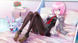 Rule 34 | 1girl, :d, bed, black pantyhose, breasts, cup, dress, fate/grand order, fate (series), flower, fou (fate), glasses, hair over one eye, high heels, jacket, looking at viewer, lying, mash kyrielight, necktie, on back, open mouth, pantyhose, pillow, purple eyes, purple hair, saint quartz (fate), saucer, shirotsumekusa, smile, tea, teacup, teapot