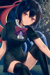 Rule 34 | 1girl, asymmetrical wings, black dress, black hair, black thighhighs, blurry, blush, bokeh, bow, bowtie, breasts, center frills, closed mouth, commentary request, dark background, dated, depth of field, dress, feet out of frame, frills, hair between eyes, head tilt, highres, houjuu nue, kisamu (ksmz), knee up, leaf, light smile, medium breasts, red bow, red bowtie, red eyes, short hair, short sleeves, signature, sitting, smile, solo, thighhighs, thighs, touhou, wings