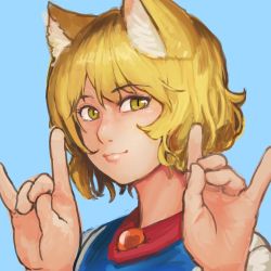 Rule 34 | 1girl, absurdres, animal ears, blonde hair, blue background, brooch, chanta (ayatakaoisii), double fox shadow puppet, fox ears, fox shadow puppet, hands up, highres, jewelry, looking at viewer, portrait, short hair, simple background, slit pupils, smile, solo, tabard, touhou, yakumo ran, yellow eyes