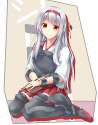 Rule 34 | 10s, 1girl, black thighhighs, blush, book, boots, hairband, highres, japanese clothes, kantai collection, long hair, muneate, personification, red eyes, shoukaku (kancolle), silver hair, sitting, skirt, smile, solo, thigh boots, thighhighs, wariza, yukiru akitera