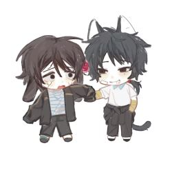 Rule 34 | 2boys, animal ears, bandage on face, bandaged arm, bandages, black footwear, black jacket, black pants, cat boy, cat ears, cat tail, chibi, chibi only, chinese commentary, clothes around waist, collared shirt, commentary request, flower, fu shun (touqi guaitan), grabbing another&#039;s hand, green socks, grey shirt, hair flower, hair ornament, hand in pocket, highres, jacket, jacket around waist, junxiu di maoyi, kemonomimi mode, long sleeves, lop rabbit ears, male focus, mole, mole under eye, multiple boys, open clothes, open jacket, pants, pink flower, polo shirt, ponytail, rabbit boy, rabbit ears, shirt, simple background, single sock, sleeves past fingers, sleeves past wrists, socks, tail, touqi guaitan, white background, white shirt, ziche fuzhao