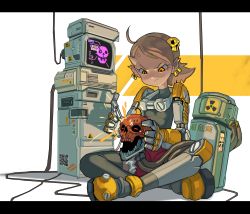 Rule 34 | 1girl, absurdres, ahoge, anger vein, brown hair, cable, cyberpunk, cyborg, earrings, hair ornament, highres, horns, indian style, jewelry, koutetu yarou, letterboxed, mechanical arms, monitor, orange eyes, original, prosthesis, prosthetic leg, qr code, radiation symbol, shoes, shorts, single horn, single thighhigh, sitting, skull, skull hair ornament, solo, thighhighs, tube