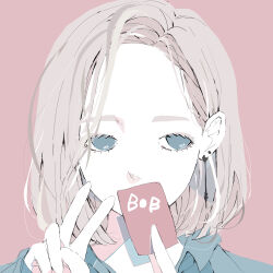 Rule 34 | 1girl, absurdres, averting eyes, blue eyes, blue shirt, card, collared shirt, colored eyelashes, covering own mouth, earrings, forehead, grey hair, hand up, highres, holding, holding card, jewelry, long sleeves, medium hair, no pupils, nocopyrightgirl, original, pale skin, parted bangs, pink background, portrait, shirt, simple background, solo, straight-on, v