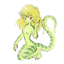 Rule 34 | 1girl, blonde hair, breasts, colored skin, green skin, lizard tail, medium breasts, monster girl, nipples, nude, original, pukao, red eyes, reptile girl, slit pupils, smile, solo, tail