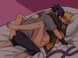 Rule 34 | 2boys, anal, barefoot, bed, bed sheet, black hair, blonde hair, blue eyes, blush, bottomless, clothed sex, cum, cum on body, cum on lower body, feet, gloves, hug, leg lock, looking at another, lying, male focus, male penetrated, missionary, multiple boys, naruto, naruto (series), on back, pillow, sex, toes, uchiha sasuke, uzumaki naruto, yaoi
