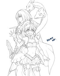 Rule 34 | 1boy, 1girl, ashton anchors, breasts, cape, choker, closed mouth, gloves, highres, long hair, looking at viewer, monochrome, navel, open mouth, precis neumann, protected link, simple background, skirt, small breasts, smile, star ocean, star ocean the second story, thighhighs, weapon, white background, ycco (estrella)