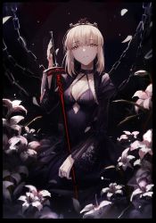 Rule 34 | 1girl, artoria pendragon (all), artoria pendragon (fate), black background, black dress, black sleeves, blonde hair, breasts, chain, choker, cleavage, collarbone, crown, dress, excalibur morgan (fate), fate/stay night, fate (series), flower, holding, holding sword, holding weapon, lily (flower), long dress, long sleeves, looking at viewer, medium breasts, mento, parted lips, petals, print sleeves, saber alter, short hair with long locks, shrug (clothing), sidelocks, sitting, small breasts, solo, sword, weapon, white flower, yellow eyes