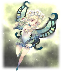 Rule 34 | 1girl, bad id, bad pixiv id, blonde hair, braid, butterfly wings, fairy, female focus, flower, frog, full body, gradient background, hair flower, hair ornament, insect wings, mercedes (odin sphere), odin sphere, pointy ears, puff and slash sleeves, puffy shorts, puffy sleeves, red eyes, shorts, solo, tatsuji, wings