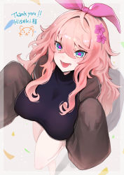 Rule 34 | 1girl, aqua eyes, blush, border, bow, commission, confetti, covered erect nipples, flower, hair between eyes, hair bow, hair flower, hair ornament, highres, light particles, long hair, lower teeth only, mole, mole under eye, open mouth, original, pink bow, pink flower, pink hair, purple pupils, skeb commission, sleeves past fingers, sleeves past wrists, smile, solo, sukoyaka93, teeth, thank you, tongue