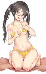 Rule 34 | 1girl, bad id, bad pixiv id, bikini, black hair, blue eyes, blush, breasts, collarbone, commentary request, embarrassed, full body, glasses, halterneck, head tilt, idolmaster, idolmaster shiny colors, kneeling, long hair, looking at viewer, medium breasts, micro bikini, mitsumine yuika, navel, nervous smile, oonaka ito, open mouth, parted bangs, sim, simple background, skindentation, smile, solo, swimsuit, thighs, towel, twintails, white background, yellow bikini
