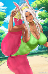 abs animal_ears bare_shoulders blue_sky blush boku_no_hero_academia breasts cameltoe camera choker cleavage cloud covered_navel dark-skinned_female dark_skin day female_focus flexible green_leotard hair_ornament high_ponytail highleg highleg_leotard highres jewelry krabby_(artist) krabbytheartist large_breasts leg_up leotard licking_lips long_eyelashes long_hair looking_at_viewer mirko muscular muscular_female navel necklace one-piece_swimsuit open_mouth outdoors pants ponytail rabbit_ears red_eyes rumi_usagiyama shiny_skin skin_tight sky smile solo split standing standing_on_one_leg standing_split sweat swimsuit tail thick_thighs thighs tongue tongue_out tree white_hair