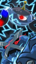 Rule 34 | creatures (company), electricity, game freak, gen 3 pokemon, gen 4 pokemon, glowing, glowing eyes, highres, looking at viewer, magnet, magnezone, metagross, nintendo, no humans, open mouth, pokemon, pokemon (creature), red eyes, signature, vibrantechoes