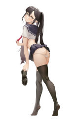 Rule 34 | 1girl, absurdres, ass, black hair, black thighhighs, blue sailor collar, blue skirt, blush, closed mouth, crop top, genshin impact, grey eyes, hair between eyes, highres, holding, holding shoes, l ract, long hair, mona (genshin impact), no shoes, panties, panty pull, pleated skirt, sailor collar, school uniform, serafuku, shirt, shoes, unworn shoes, short sleeves, simple background, skirt, solo, thighhighs, twintails, underwear, very long hair, white background, white panties, white shirt