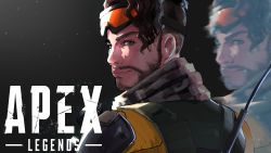Rule 34 | 1boy, absurdres, apex legends, black background, bodysuit, brown eyes, brown hair, brown scarf, copyright name, facial hair, from behind, goatee, goggles, goggles on head, hair behind ear, highres, hologram, logo, looking back, male focus, mirage (apex legends), reborns, scarf, smile, solo, yellow bodysuit