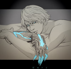 Rule 34 | 1boy, albino, blue eyes, character name, crossed arms, devil may cry (series), devil may cry 4, eyelashes, half-closed eyes, hoshino hikaru, letterboxed, lips, looking at viewer, lying, male focus, monochrome, nero (devil may cry), topless male, solo, spot color, upper body, white hair