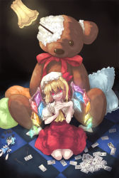 Rule 34 | 1girl, ascot, blonde hair, card, character doll, checkered floor, cirno, crazy eyes, crazy smile, damaged, dart, doll, embodiment of scarlet devil, flandre scarlet, floor, frilled pillow, frills, hakurei reimu, hat, head tilt, highres, izayoi sakuya, kirisame marisa, mumulatte, open mouth, own hands clasped, own hands together, patchouli knowledge, pillow, poker, red eyes, remilia scarlet, ribbon, shaded face, short hair, side ponytail, sitting, skirt, skirt set, smile, solo, stuffed animal, stuffed toy, teddy bear, touhou, wariza, wings, yakumo yukari
