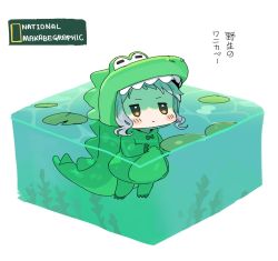 Rule 34 | blush stickers, bow, commentary request, crocodile costume, eel, highres, idolmaster, idolmaster million live!, kuudere, lily pad, looking afar, makabe mizuki, national geographic, parody, partially submerged, purple hair, short hair, sidelocks, solo, spawnfoxy, tagme, translation request, v-shaped eyebrows, water, white background, yellow eyes