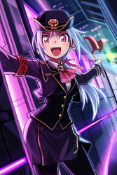 Rule 34 | 1girl, :d, armband, blue hair, cropped jacket, dress shirt, earrings, fangs, flag, gloves, hat, jewelry, lowres, multicolored hair, open mouth, pantyhose, pencil skirt, pink eyes, ponytail, purple hair, ribbon, shirt, skirt, skull, smile, solo, sword girls, uniform, vest