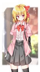 Rule 34 | 1girl, alternate costume, arms behind back, black skirt, black thighhighs, blonde hair, blurry, blurry background, blush, bow, contemporary, depth of field, flying sweatdrops, hair between eyes, hair ribbon, highres, jacket, looking at viewer, open clothes, open jacket, pink jacket, pleated skirt, red eyes, red ribbon, ribbon, rumia, sabana, school uniform, shirt, short hair, skirt, solo, standing, thighhighs, touhou, white shirt, zettai ryouiki
