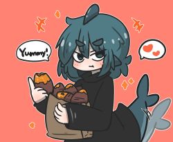 Rule 34 | +++, 1girl, :t, afterimage, bag, black dress, blue eyes, blue hair, blush, closed mouth, commentary request, dress, eating, fins, fish tail, food, fuka-chan, hair between eyes, heart, highres, holding, holding food, long sleeves, looking at viewer, original, paper bag, roasted sweet potato, shark tail, short eyebrows, sleeves past wrists, solo, spoken heart, sweet potato, tail, tail wagging, thick eyebrows, uni souchou, v-shaped eyebrows, wavy mouth
