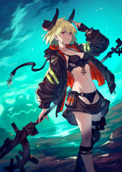 Rule 34 | 1girl, aqua background, belt pouch, black legwear, blonde hair, breasts, cleavage, commentary, highres, holding, holding weapon, horns, jacket, kusano shinta, medium breasts, navel, open clothes, open jacket, open mouth, original, polearm, pouch, red eyes, short hair, skirt, sports bikini, sports bra, thigh pouch, thigh strap, water, weapon