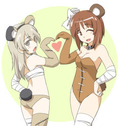 Rule 34 | 1girl, ;d, animal collar, animal ears, bandaged arm, bandaged leg, bandages, bear ears, bear tail, bikini, black collar, boko (girls und panzer), bow, breasts, brown bikini, brown eyes, brown leotard, brown thighhighs, cleavage, collar, commentary, fake animal ears, fake tail, from behind, girls und panzer, hair bow, hand on own hip, heart, heart hands, leotard, light brown hair, long hair, looking back, medium breasts, nishizumi miho, one eye closed, one side up, open mouth, sarashi, shimada arisu, short hair, smile, solo, strapless, strapless leotard, swimsuit, symbol-only commentary, symmetrical hand pose, tail, tewarusa, thighhighs, white bow