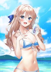 Rule 34 | 1girl, :d, absurdres, bare arms, bare shoulders, bikini, blue bikini, blue bow, blue sky, blush, bottle, bow, braid, breasts, brown hair, cleavage, cloud, collarbone, commentary request, cowboy shot, day, front-tie bikini top, front-tie top, hair ribbon, hand on own chest, highres, holding, holding bottle, huge filesize, long hair, medium breasts, mountainous horizon, navel, nijisanji, nijisanji kr, open mouth, outdoors, purple eyes, ribbon, roti, sky, smile, so nagi, solo, stomach, swimsuit, virtual youtuber, water, white ribbon