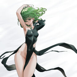 Rule 34 | 1girl, arm up, armpits, breasts, closed mouth, covered navel, cowboy shot, curly hair, dress, flipped hair, green dress, green eyes, green hair, hair over one eye, hand in own hair, highres, light blush, looking at viewer, loped, medium hair, one-punch man, one eye covered, simple background, small breasts, solo, tatsumaki, torn clothes, torn dress, white background