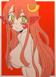 Rule 34 | breasts, from side, hair between eyes, hair ornament, hairpin, highres, miia (monster musume), monster musume no iru nichijou, nipples, outside border, pointy ears, red background, red hair, solo, yellow eyes