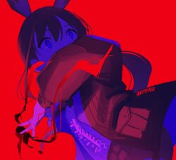 Rule 34 | 1girl, amiya (arknights), animal ears, arknights, black jacket, blue eyes, brown hair, casting, cowboy shot, dated commentary, dutch angle, extra ears, hair between eyes, jacket, jewelry, long hair, multiple rings, open clothes, open jacket, originium arts (arknights), ponytail, rabbit ears, rabbit girl, red background, ring, shirt, simple background, skeptycally, solo, white shirt