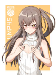 Rule 34 | 1girl, absurdres, alternate costume, bare shoulders, black nails, blush, breasts, brown eyes, brown hair, character name, cleavage, cleavage cutout, closed mouth, clothing cutout, girls&#039; frontline, griffin &amp; kryuger, hair ornament, hairclip, hands on own breasts, heart cutout, highres, llaos, long hair, looking at viewer, nail polish, off shoulder, scar, scar across eye, side ponytail, simple background, small breasts, smile, solo, standing, sweater vest, ump45 (girls&#039; frontline), upper body, white sweater vest