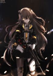 Rule 34 | 1girl, absurdres, brown hair, city lights, clothes writing, commentary, commentary request, english commentary, floating hair, from side, girls&#039; frontline, gloves, gun, h&amp;k ump, hair between eyes, hair ornament, head tilt, headgear, heckler &amp; koch, highres, holding, holding gun, holding weapon, jacket, long hair, looking at viewer, mod3 (girls&#039; frontline), nekoya (liu), night, one eye closed, one side up, outdoors, parted lips, partial commentary, prosthesis, prosthetic arm, rain, scar, scar across eye, scar on face, submachine gun, ump45 (girls&#039; frontline), ump45 (mod3) (girls&#039; frontline), weapon, wind, wind lift, yellow eyes