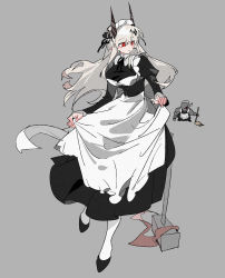 Rule 34 | 1girl, 1other, ?, absurdres, alternate costume, arknights, demon horns, dress, enmaided, golem, grey background, hammer, highres, holding, holding clothes, holding dress, horns, ling s, long hair, long sleeves, maid, maid headdress, mudrock (arknights), mudrock colossus (arknights), pointy ears, red eyes, white hair, white legwear