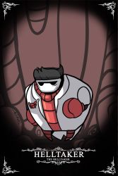 Rule 34 | 1boy, artist name, black hair, character name, clenched hands, commentary, full body, helltaker, helltaker (character), highres, hollow knight, arthropod boy, insect print, jacket, manly, parody, red vest, solo, standing, staring, style parody, taphris, vest, white jacket