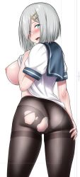 Rule 34 | 1girl, ass, black pantyhose, blush, breasts, breasts out, burusuta, from behind, hair ornament, hair over one eye, hairclip, hamakaze (kancolle), hand on own ass, hand on own chest, kantai collection, large breasts, looking at viewer, looking back, nipples, pantyhose, short hair, short sleeves, silver hair, simple background, solo, standing, thighband pantyhose, torn clothes, torn pantyhose, white background