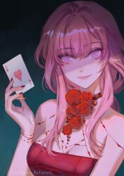 Rule 34 | 1girl, ace (playing card), ace of hearts, alternate costume, bare shoulders, black background, blue background, breasts, card, choker, cleavage, commentary, do myzu, dress, gradient background, hand up, heart, highres, holding, holding card, honkai: star rail, honkai (series), kafka (honkai: star rail), long hair, medium breasts, nail polish, playing card, purple eyes, purple hair, red dress, red nails, solo, upper body