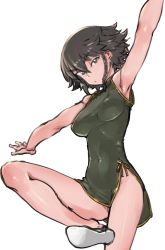 Rule 34 | 1girl, abaratani kurou, alternate costume, armpits, black dress, black footwear, black hair, braid, breasts, brown eyes, china dress, chinese clothes, closed mouth, covered navel, cowboy shot, dress, flats, girls und panzer, half-closed eyes, highres, leg up, legs, light frown, looking at viewer, medium breasts, microdress, outstretched arms, pepperoni (girls und panzer), short hair, side braid, side slit, simple background, sleeveless, sleeveless dress, solo, spread arms, standing, white background