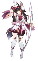 Rule 34 | 1girl, alternate costume, animal ear fluff, animal ears, armpit crease, arrow (projectile), bare shoulders, black hair, boots, bow (weapon), breasts, closed mouth, commentary request, cosplay, detached sleeves, fox mask, full body, highres, holding, holding bow (weapon), holding weapon, hololive, looking at viewer, magical girl, mask, mask on head, medium breasts, mizutsune (armor), monster hunter (series), multicolored hair, ookami mio, red hair, sidelocks, simple background, smile, solo, standing, streaked hair, tail, tail wrap, thigh boots, thighhighs, virtual youtuber, weapon, white background, white footwear, white thighhighs, wolf ears, wolf tail, yamabuki7979, yellow eyes
