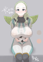 Rule 34 | 1girl, absurdres, ball, blush, braid, closed mouth, covered erect nipples, eyelashes, green eyes, green hair, grey background, guel, highres, holding, holding ball, inazuma eleven, inazuma eleven (series), large areolae, light green hair, long hair, looking at viewer, mini wings, see-through, signature, simple background, sitting, soccer ball, solo, tsurumi kazane, wings
