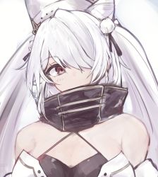 Rule 34 | 1girl, azur lane, bare shoulders, blush, breasts, hair between eyes, hair over one eye, kiev (azur lane), long hair, looking at viewer, marshall k, red eyes, silver hair, simple background, small breasts, solo, twintails, upper body, white headwear