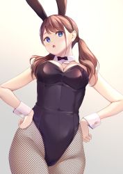 Rule 34 | 1girl, animal ears, bare arms, bare shoulders, black leotard, blue eyes, bow, bowtie, breasts, brown hair, cleavage, commentary, covered navel, cowboy shot, detached collar, fake animal ears, fishnet pantyhose, fishnets, groin, hairband, hands on own hips, highleg, highleg leotard, highres, large breasts, leotard, long hair, looking at viewer, open mouth, original, pantyhose, pasdar, playboy bunny, rabbit ears, simple background, solo, strapless, strapless leotard, twintails, white background, wrist cuffs