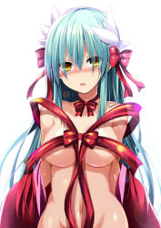 Rule 34 | 1girl, bare shoulders, blush, bow, breasts, choker, dragon girl, dragon horns, fate/grand order, fate (series), green hair, hair bow, horns, kiyohime (fate), long hair, looking at viewer, medium breasts, multiple horns, naked ribbon, navel, open mouth, red ribbon, ribbon, sen (astronomy), solo, yellow eyes