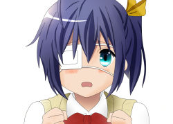 Rule 34 | 10s, 1girl, :o, ahoge, artist request, black hair, blue eyes, blue hair, blush, bow, bowtie, chuunibyou demo koi ga shitai!, clenched hands, eyepatch, face, hair between eyes, hair ribbon, kyoto animation, looking at viewer, matching hair/eyes, open mouth, ribbon, school uniform, shirt, short hair, side ponytail, simple background, solo, sweater vest, takanashi rikka, wavy mouth, white background, white shirt