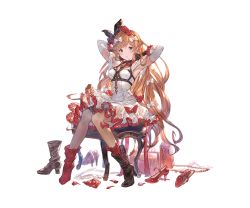 Rule 34 | 1girl, alpha transparency, armpits, arms up, bag, black gloves, black ribbon, blush, boots, bow, breasts, bridal garter, brooch, brown footwear, brown pantyhose, chair, chest harness, clarisse (granblue fantasy), clarisse (soleil blanc) (granblue fantasy), detached sleeves, dress, dress bow, earrings, flower, frilled pantyhose, full body, gloves, granblue fantasy, hair flower, hair ornament, hair ribbon, handbag, harness, high heel boots, high heels, jewelry, knees together feet apart, long hair, looking at viewer, medium breasts, minaba hideo, official art, pantyhose, petals, red flower, red footwear, red pantyhose, red rose, ribbon, rose, shoes, sitting, solo, transparent background, unworn boots, unworn shoes, very long hair, white bow, white dress