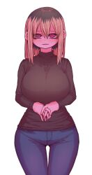 Rule 34 | 1girl, @ @, black hair, black shirt, blonde hair, blush, breasts, cropped legs, denim, hair between eyes, highres, jeans, kinjo no hito no nakimushi, large breasts, long sleeves, looking at viewer, multicolored hair, ochiai (kinjo no hito no nakimushi), own hands together, pants, parted lips, shirt, simple background, thigh gap, two-tone hair, white background, zyugoya