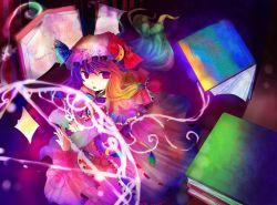 Rule 34 | 1girl, bad id, bad pixiv id, book, bow, bowtie, colorful, female focus, floating, floating book, floating object, hat, kazu (muchuukai), long hair, magic circle, mob cap, patchouli knowledge, purple bow, purple bowtie, purple hair, ribbon, solo, standing, touhou
