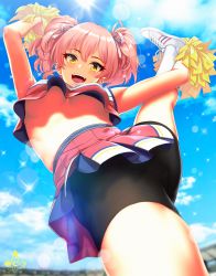 Rule 34 | 1girl, :d, armpits, arms up, artist logo, artist name, bike shorts, blush, breasts, cheerleader, cloud, commentary request, crop top, day, eyelashes, from below, hair between eyes, highres, idolmaster, idolmaster cinderella girls, infinote, jougasaki mika, leg up, looking at viewer, medium breasts, midriff, miniskirt, no bra, open mouth, pink hair, pleated skirt, pom pom (cheerleading), ribbon, shirt, shoelaces, shoes, signature, skirt, sky, sleeveless, sleeveless shirt, smile, sneakers, socks, solo, split, standing, standing on one leg, standing split, stretching, striped ribbon, teeth, twintails, underboob, upper teeth only, upshirt, white socks, yellow eyes