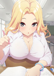 Rule 34 | 1girl, :o, absurdres, blonde hair, blurry, blurry background, bracelet, breasts, brown eyes, ceiling, classroom, cleavage, clock, collarbone, collared shirt, commentary request, eraser, highres, holding, holding pencil, indoors, jewelry, large breasts, looking at viewer, mechanical pencil, mole, mole on breast, notebook, open mouth, original, pencil, sakamata (sakamata4), shirt, sitting, sleeves rolled up, solo, upper body, wall clock, wavy hair, white shirt, window