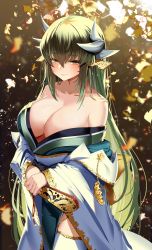 Rule 34 | 1girl, absurdres, bare shoulders, blush, breasts, closed mouth, collarbone, commentary, dragon horns, fate/grand order, fate (series), green eyes, grey hair, hair ornament, highres, horns, japanese clothes, kiyohime (fate), large breasts, leaf, long hair, long sleeves, lucky (1045044604), off shoulder, smile, solo, symbol-only commentary, thighhighs, white thighhighs